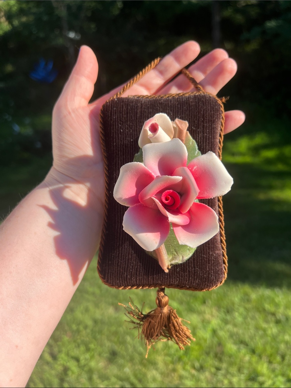Vintage Italian Capodimonte Pink Porcelain Rose Velvet Wall Hanging with Tassel